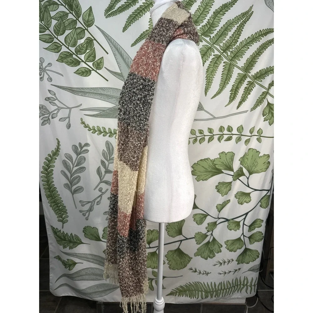 Chunky Striped Scarf Cream Brown Pink Black Fringe Cozy Winter Fashion Accessory